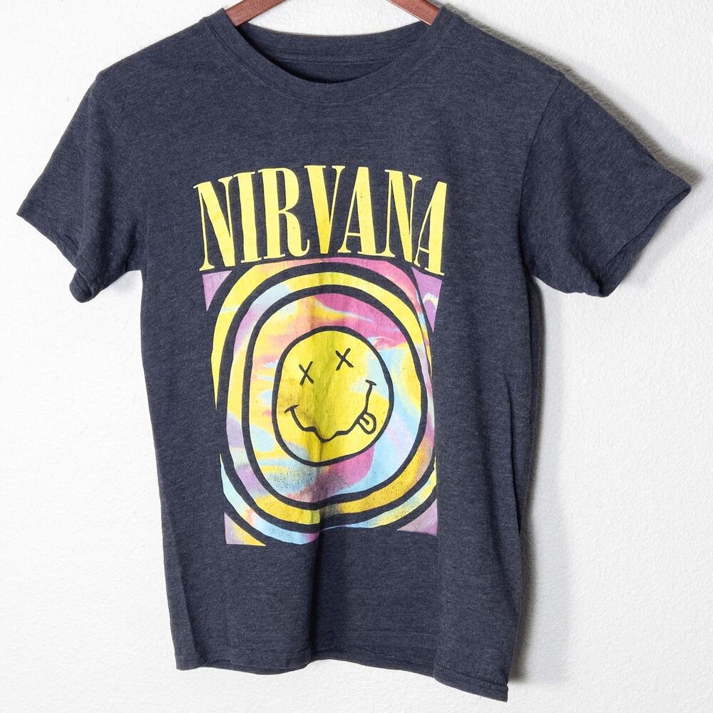 Nirvana Band Tee Graphic Smiley Navy Size XS Soft Grunge